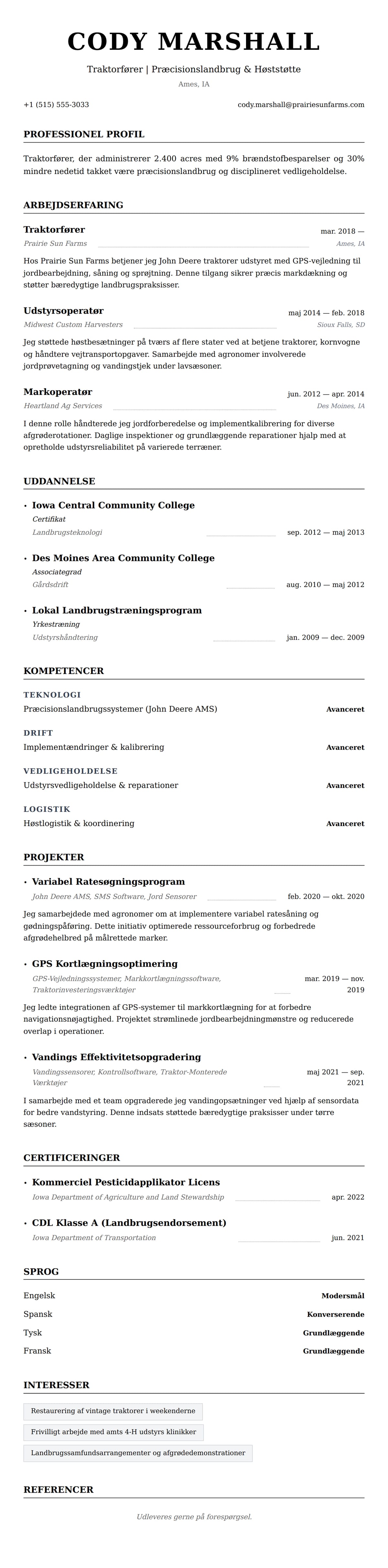 CV-forhåndsvisning for Traktorfører CV Eksempel