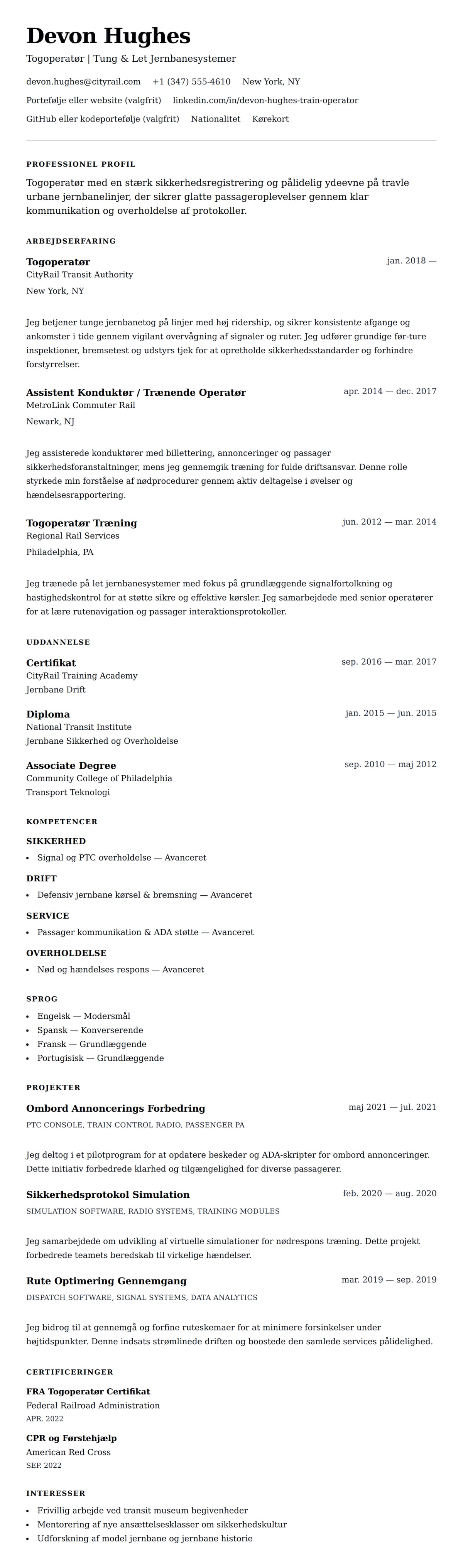 CV-forhåndsvisning for Togoperatør CV Eksempel