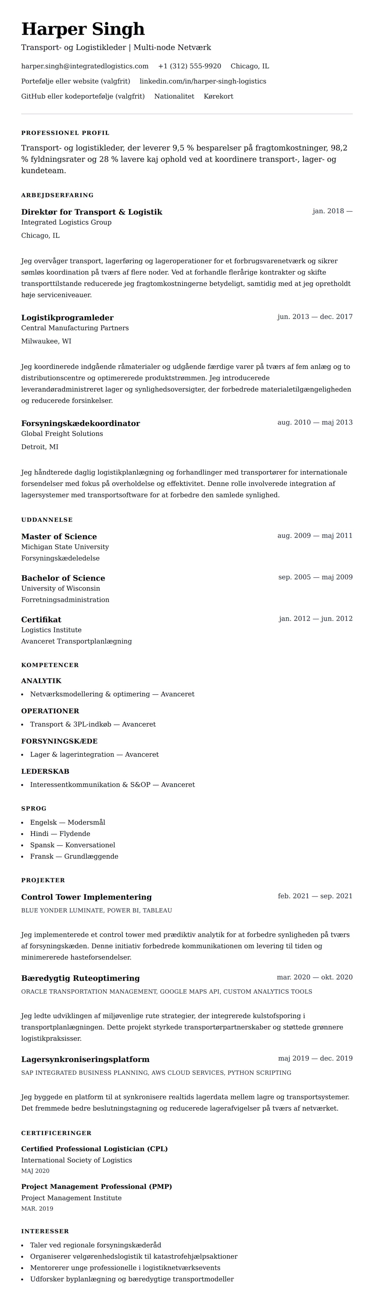 CV-forhåndsvisning for Transport- og Logistikprofessionel CV Eksempel