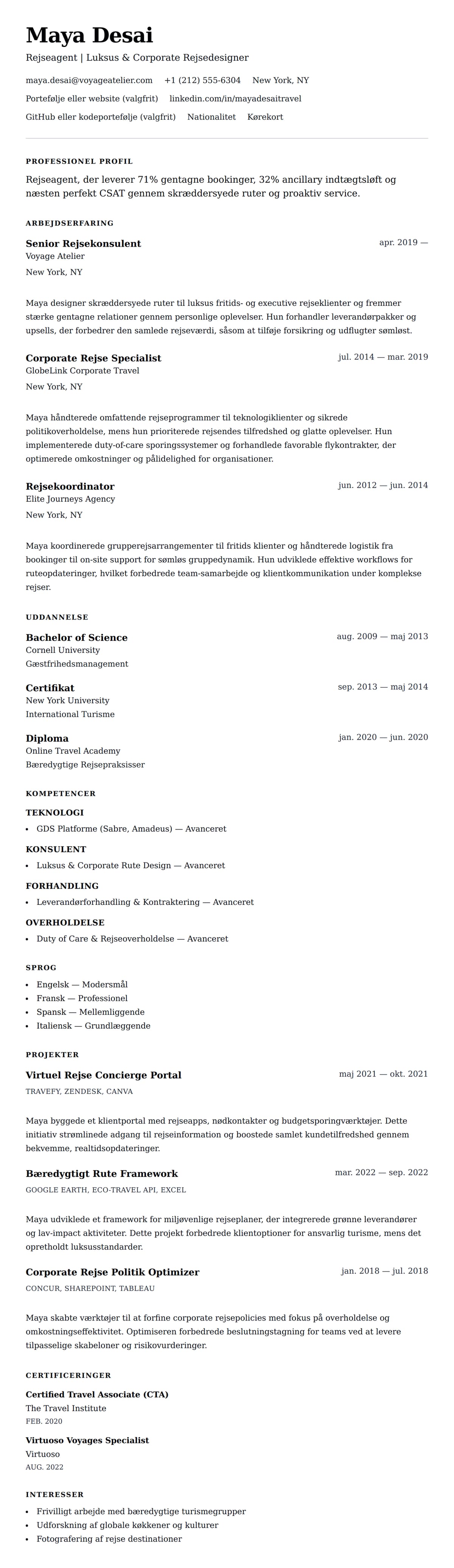 CV-forhåndsvisning for Rejseagent CV Eksempel