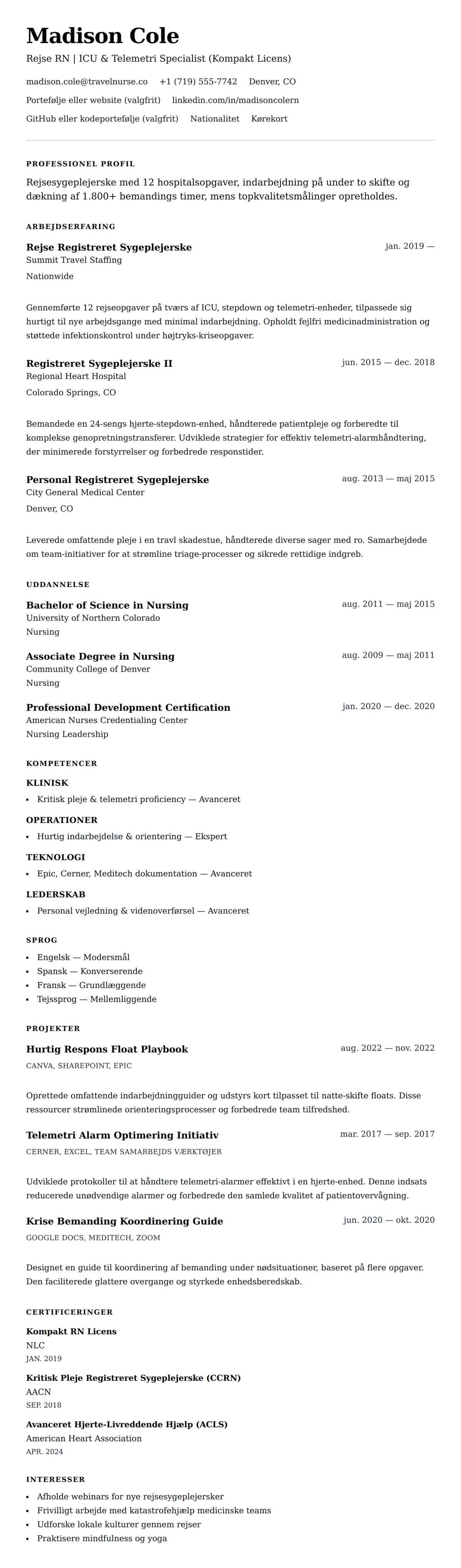 CV-forhåndsvisning for Rejsesygeplejerske CV Eksempel