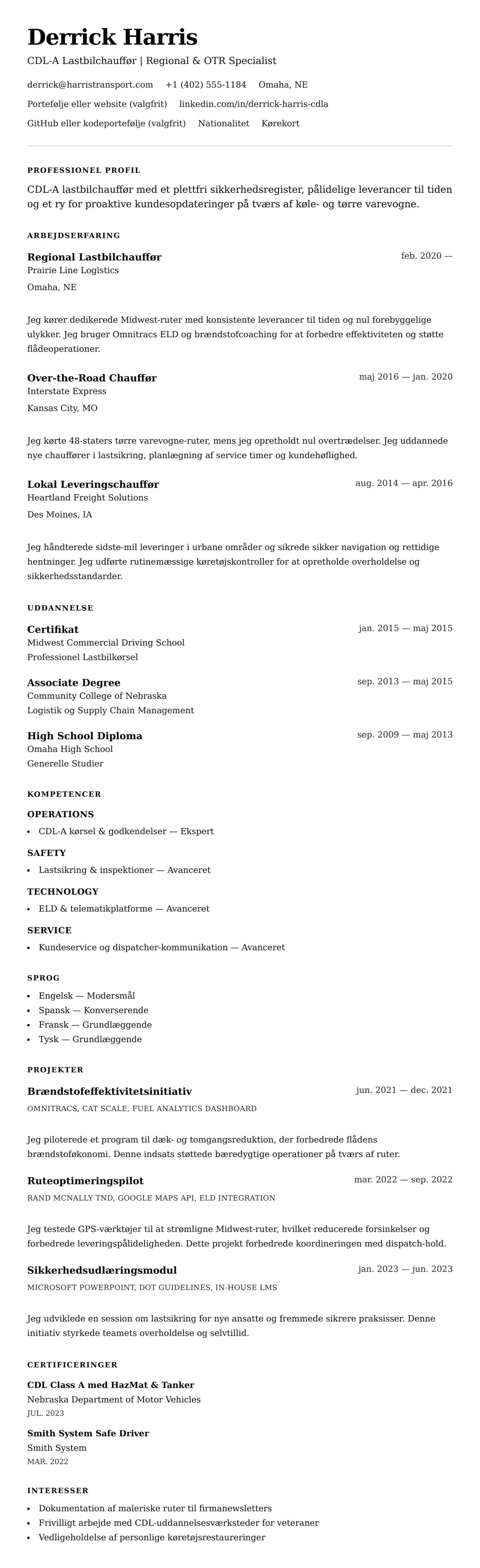 CV-forhåndsvisning for Eksempel på CV for Lastbilchauffør