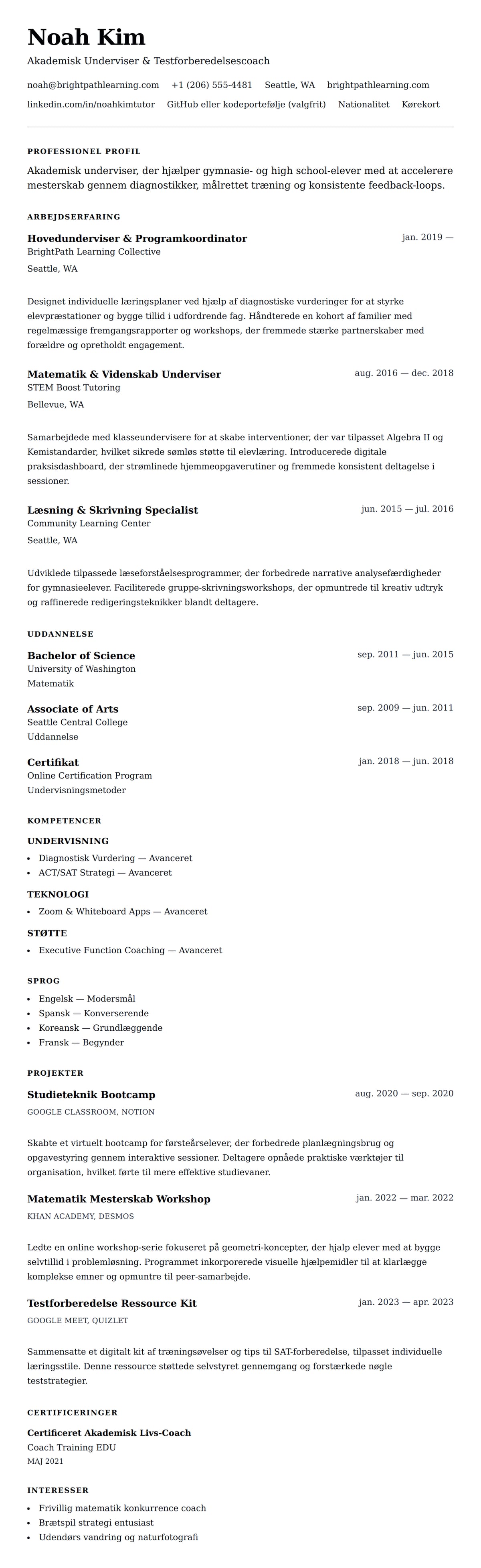 CV-forhåndsvisning for Underviser CV Eksempel