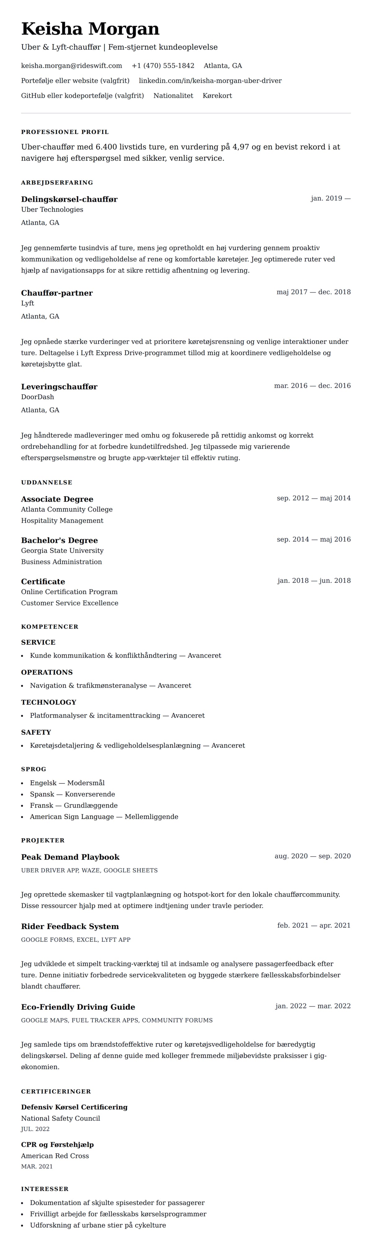 CV-forhåndsvisning for Eksempel på CV for Uber-chauffør