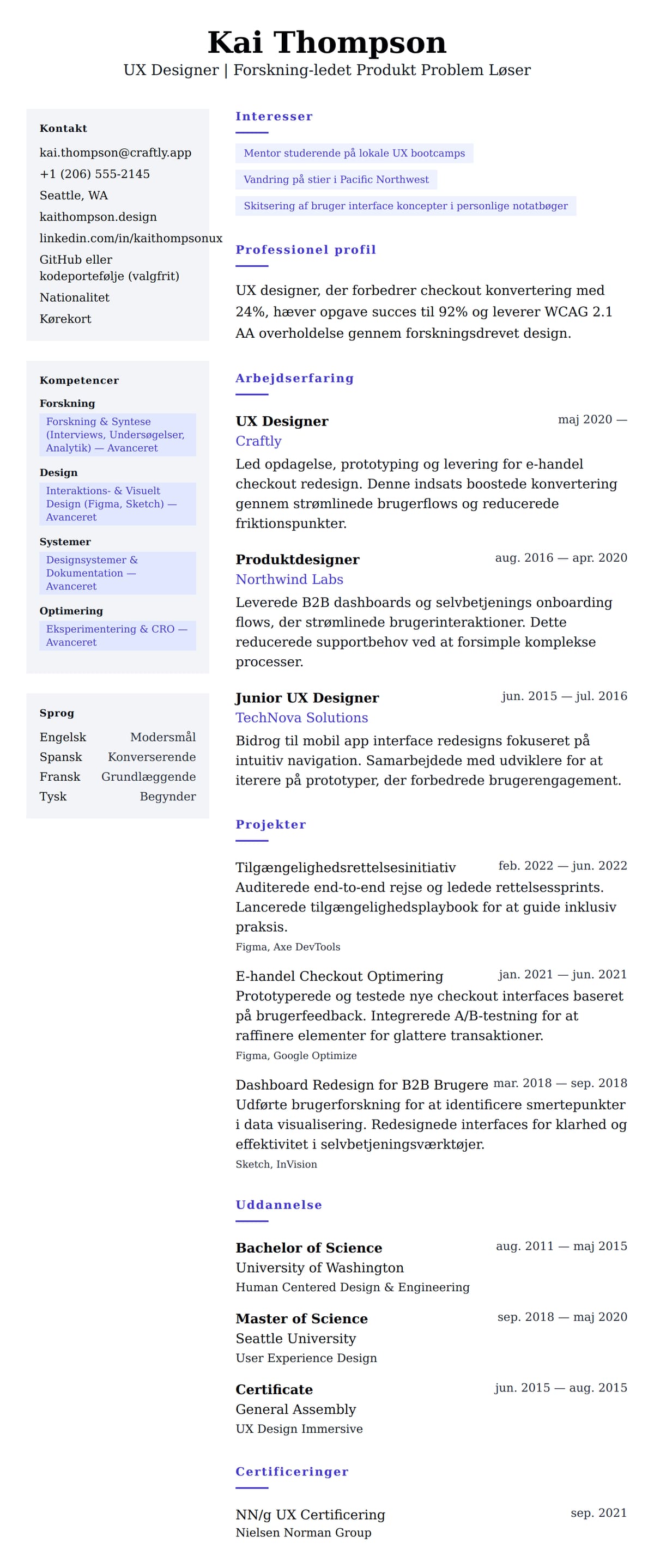 CV-forhåndsvisning for UX Designer CV Eksempel