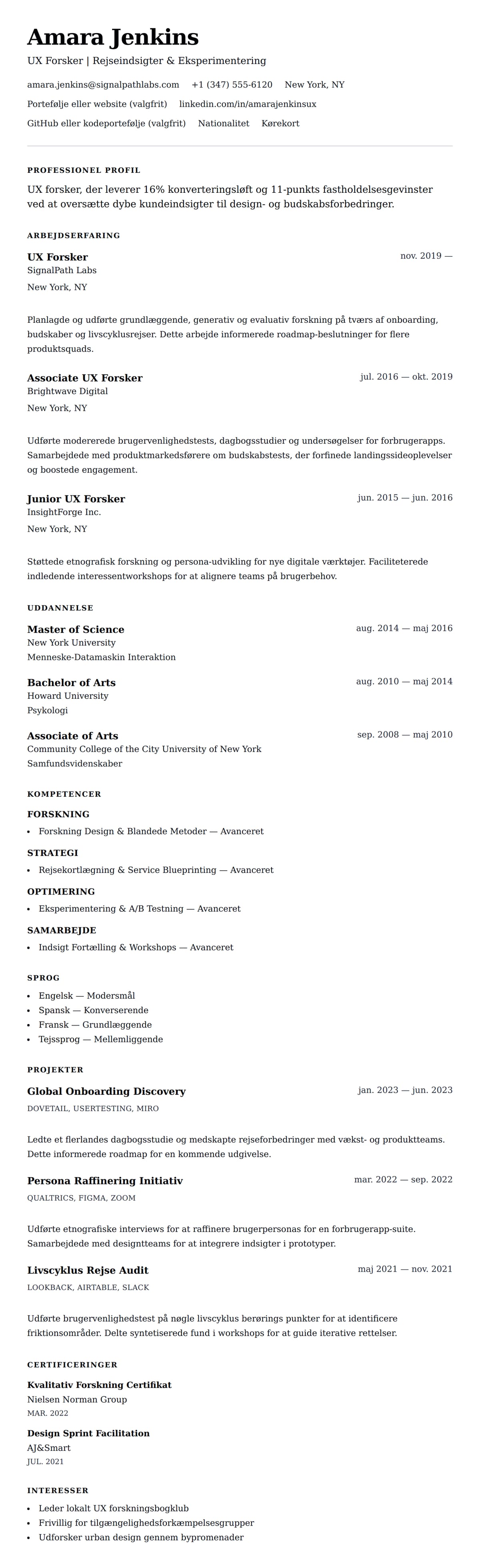 CV-forhåndsvisning for UX Forsker CV Eksempel