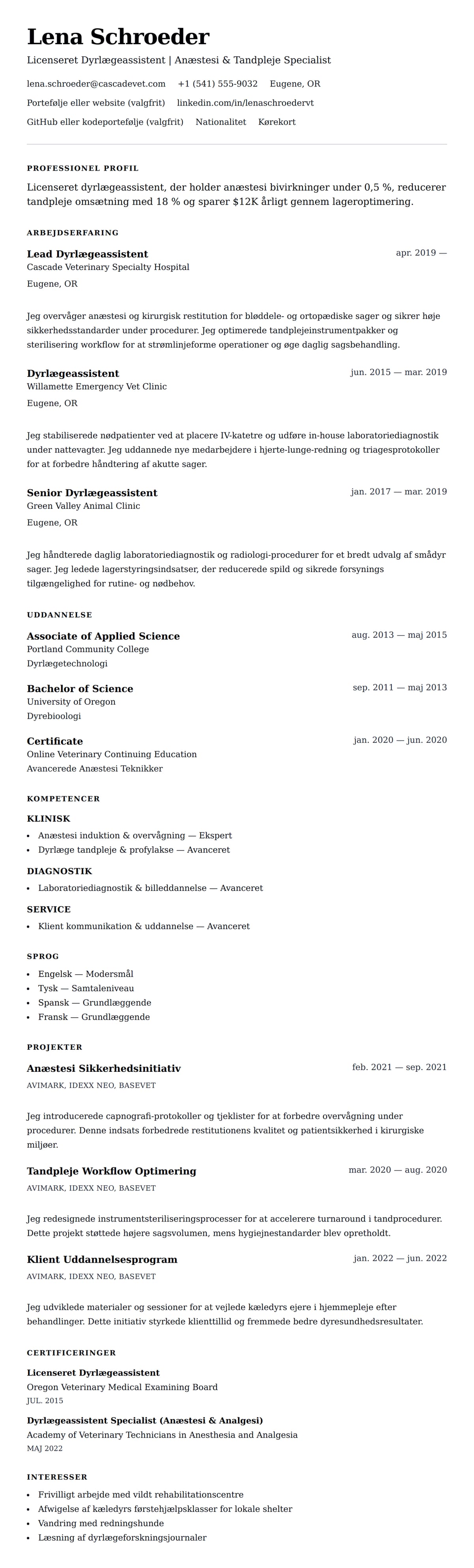 CV-forhåndsvisning for Dyrlægeassistent CV Eksempel