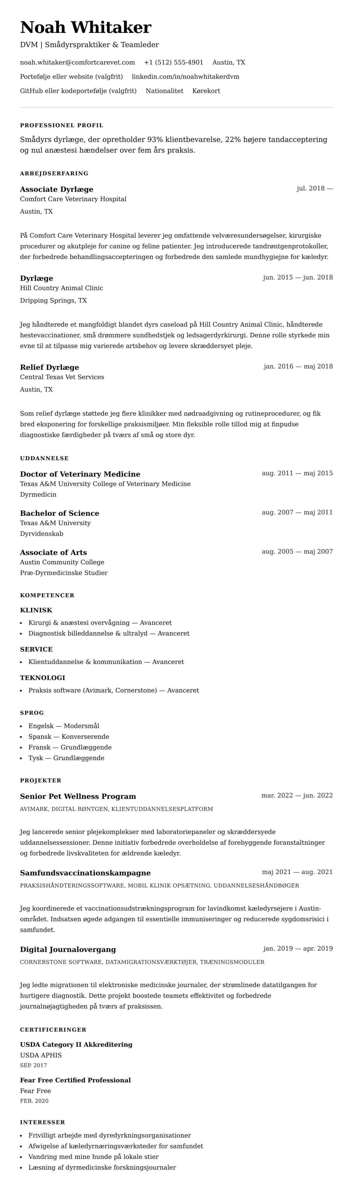 CV-forhåndsvisning for Dyrlæge CV Eksempel