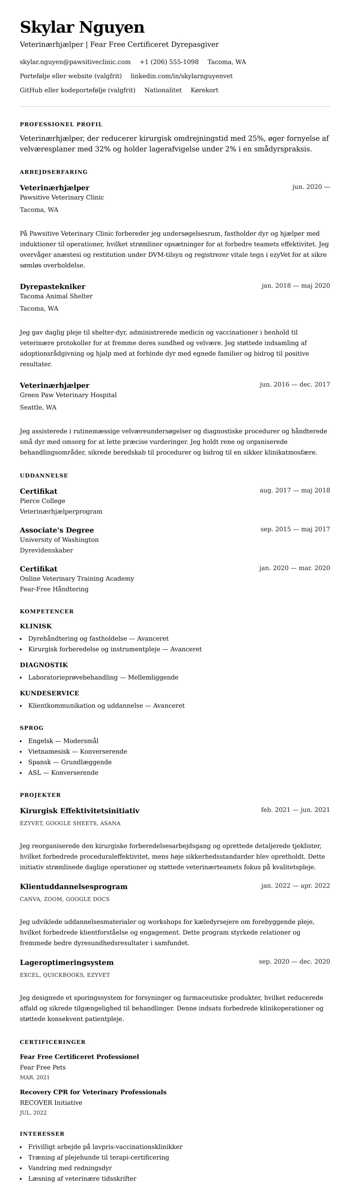 CV-forhåndsvisning for Eksempel på CV for veterinærhjælper