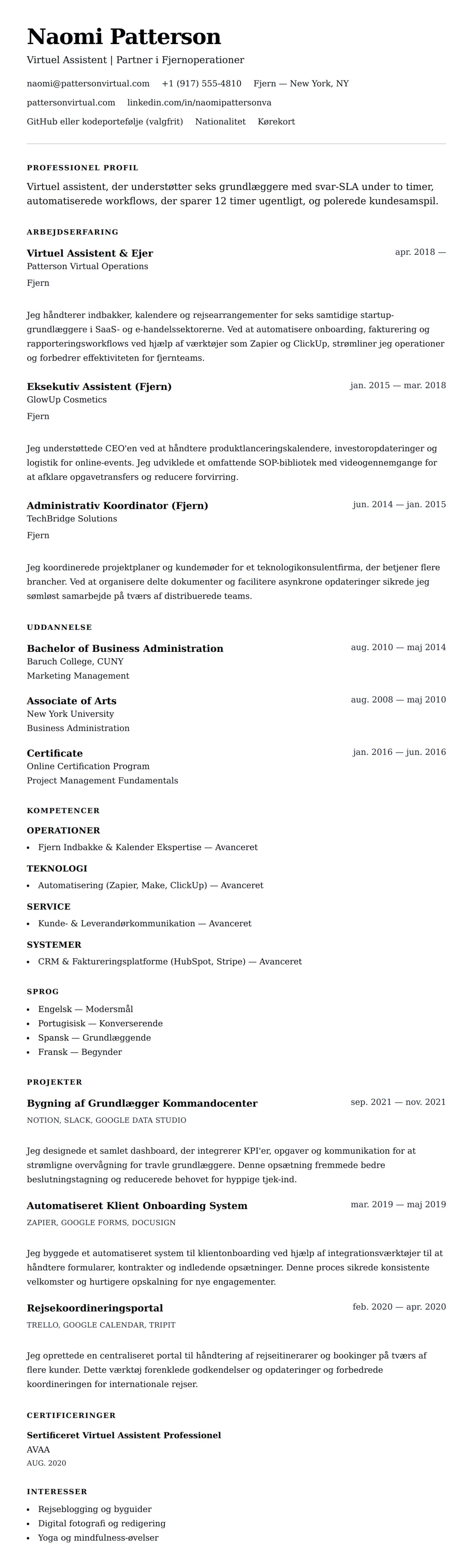 CV-forhåndsvisning for Eksempel på CV for Virtuel Assistent