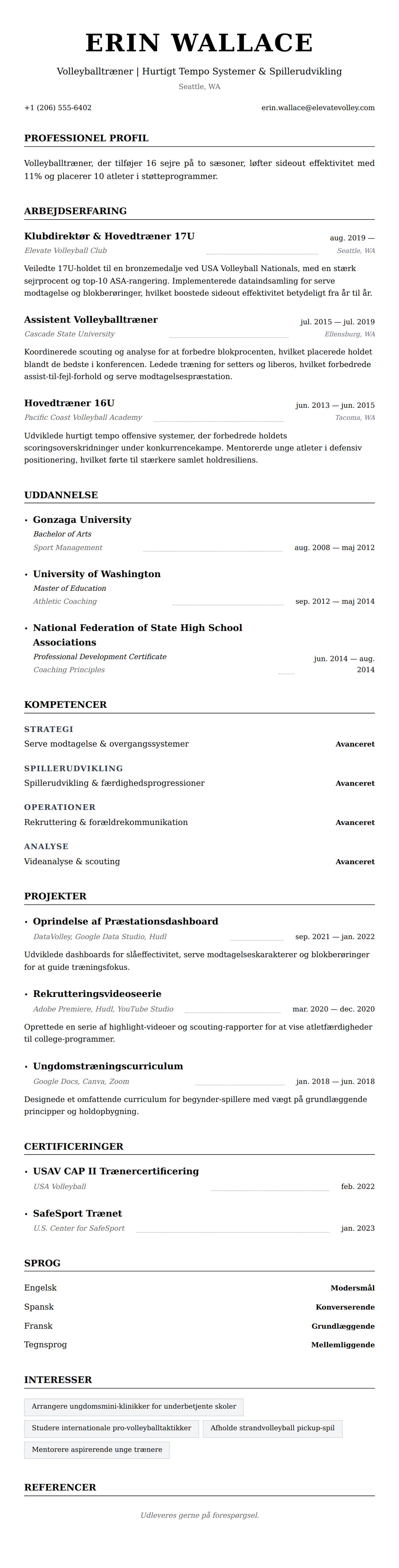 CV-forhåndsvisning for Volleyballtræner CV-eksempel