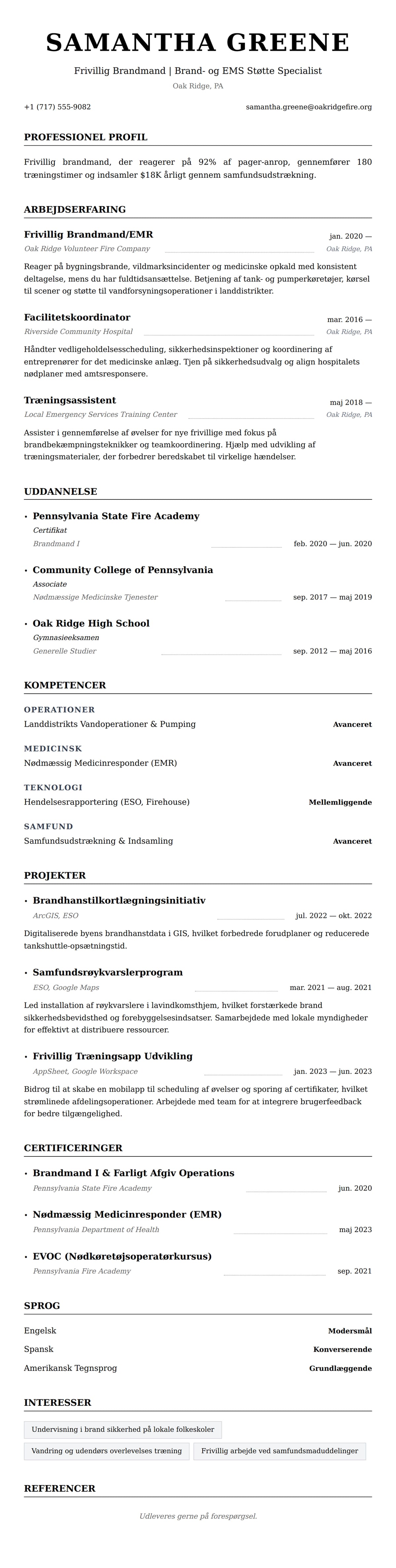 CV-forhåndsvisning for Frivillig Brandmand CV Eksempel