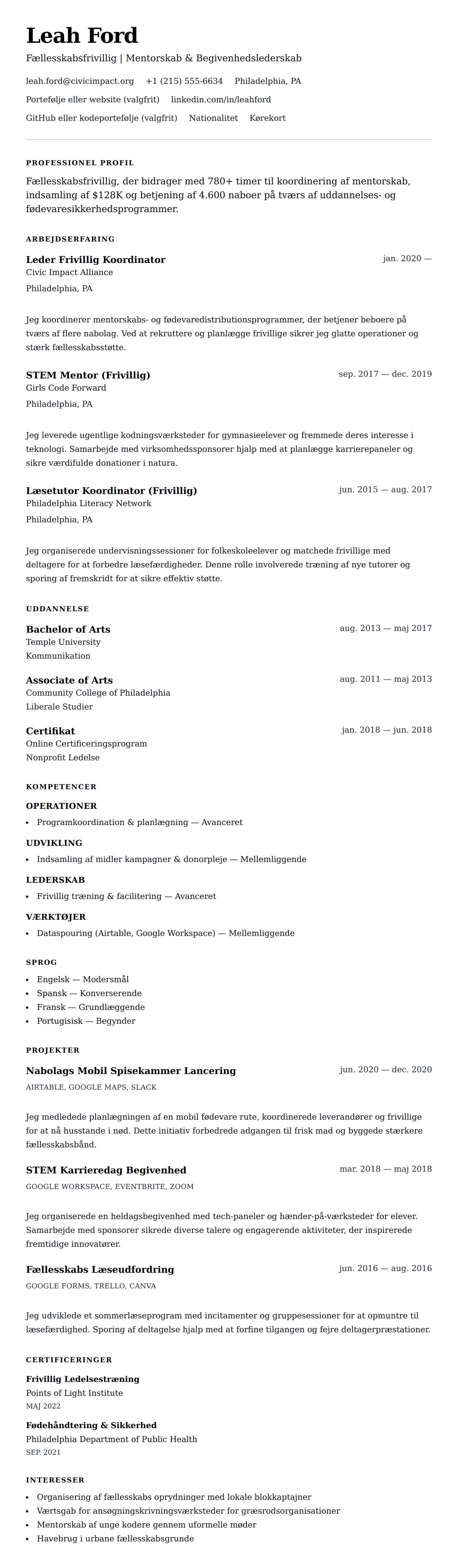 CV-forhåndsvisning for Frivillig CV Eksempel