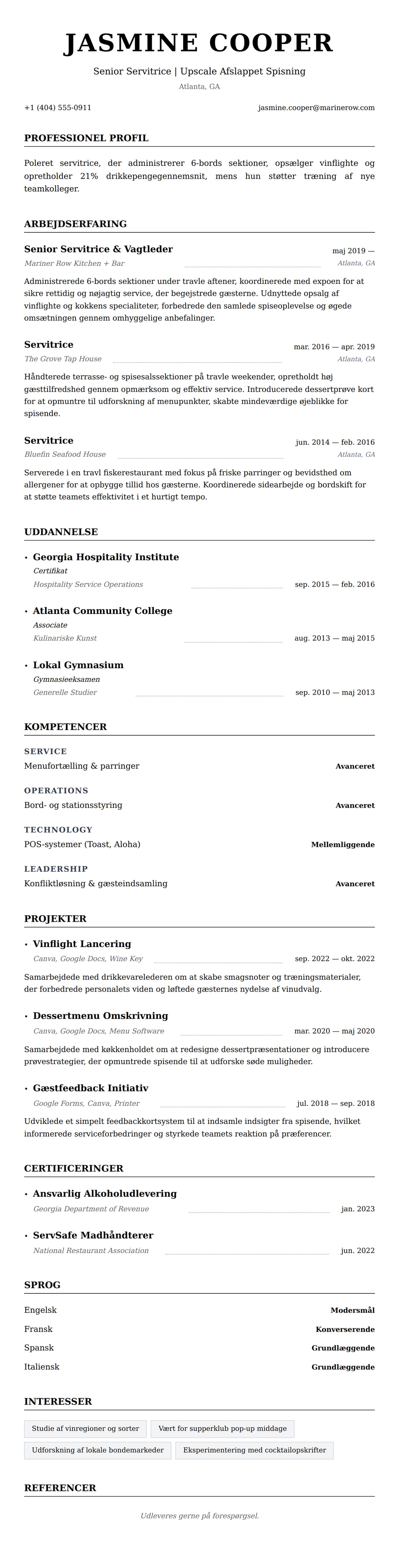 CV-forhåndsvisning for Servitrice CV Eksempel