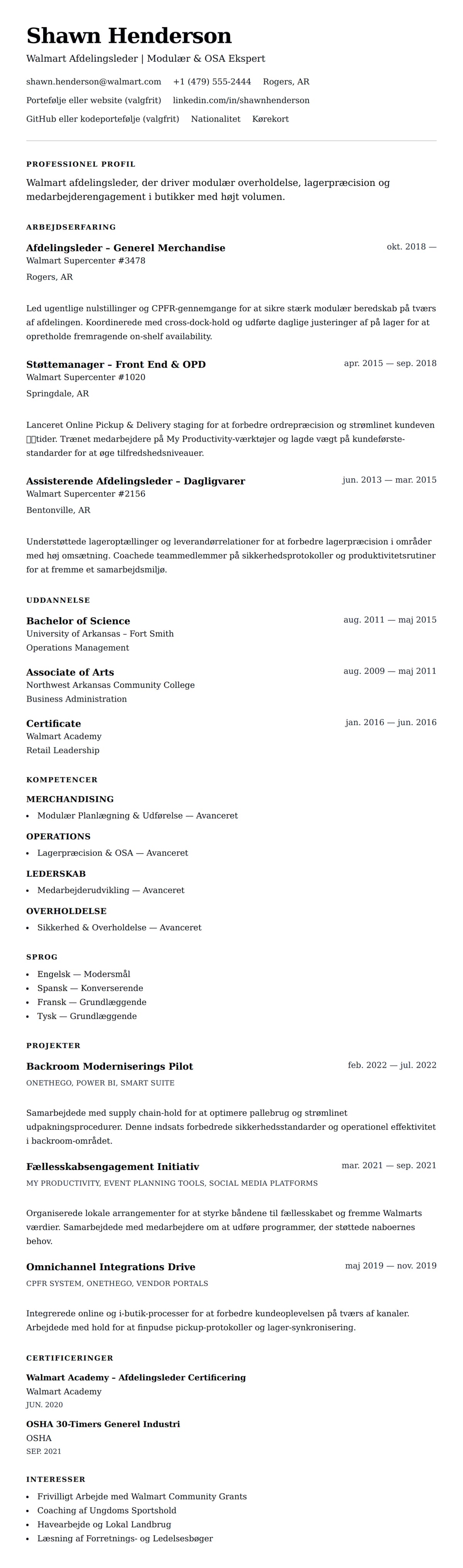 CV-forhåndsvisning for Walmart Afdelingsleder CV Eksempel