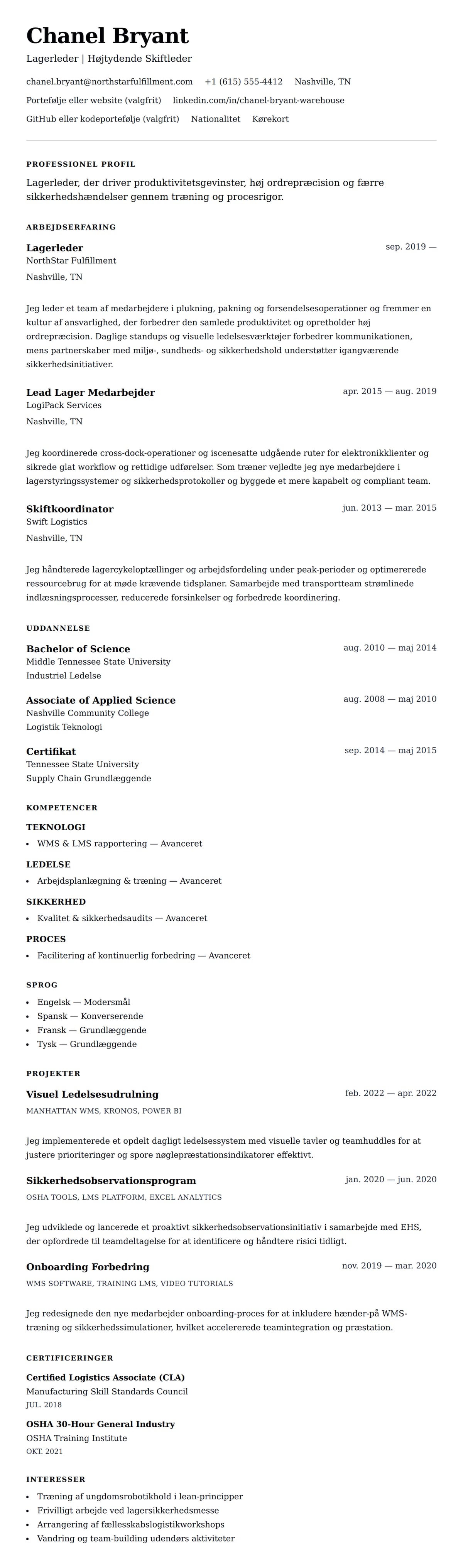 CV-forhåndsvisning for Lagerleder CV-eksempel