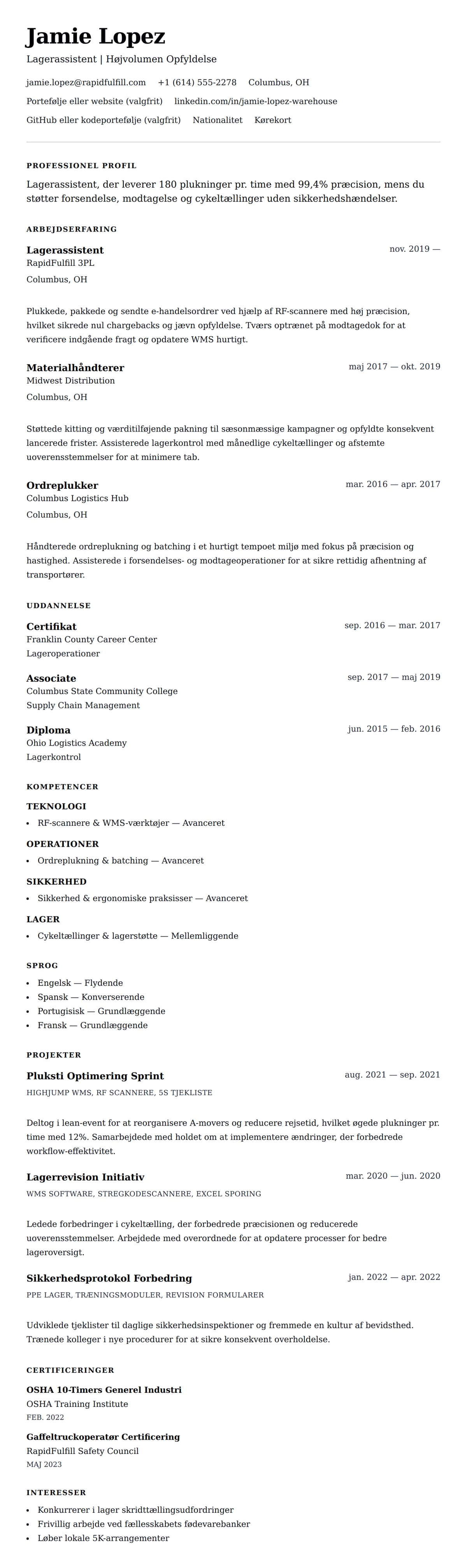 CV-forhåndsvisning for Eksempel på CV for Lagerarbejder