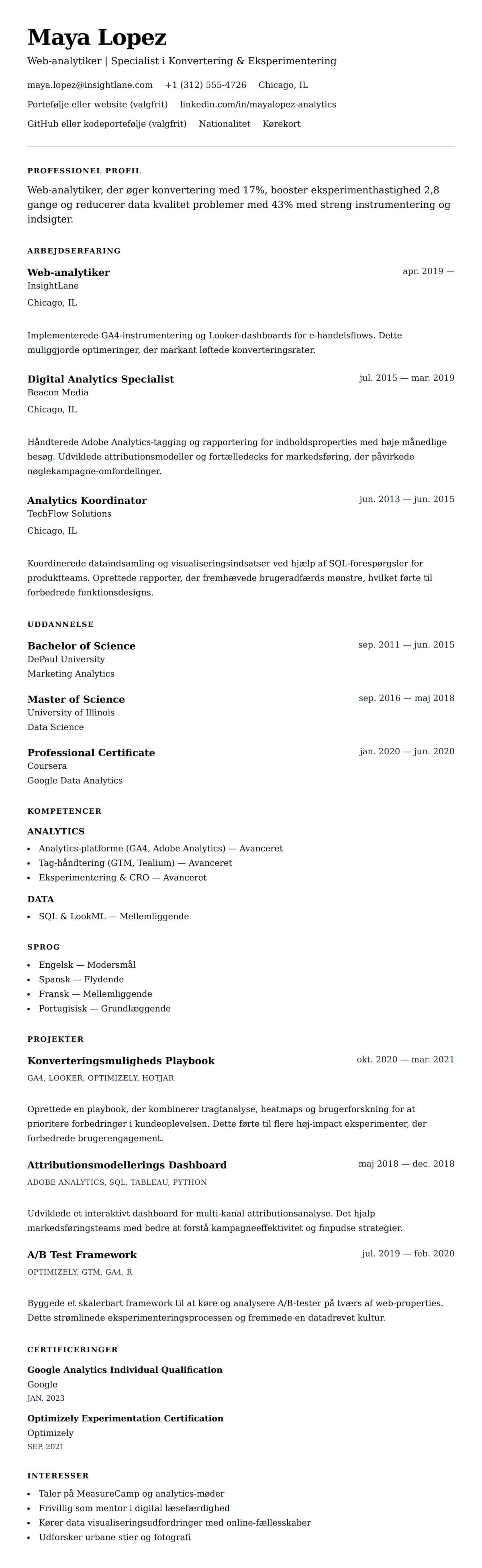 CV-forhåndsvisning for Eksempel på CV for Web-analytiker