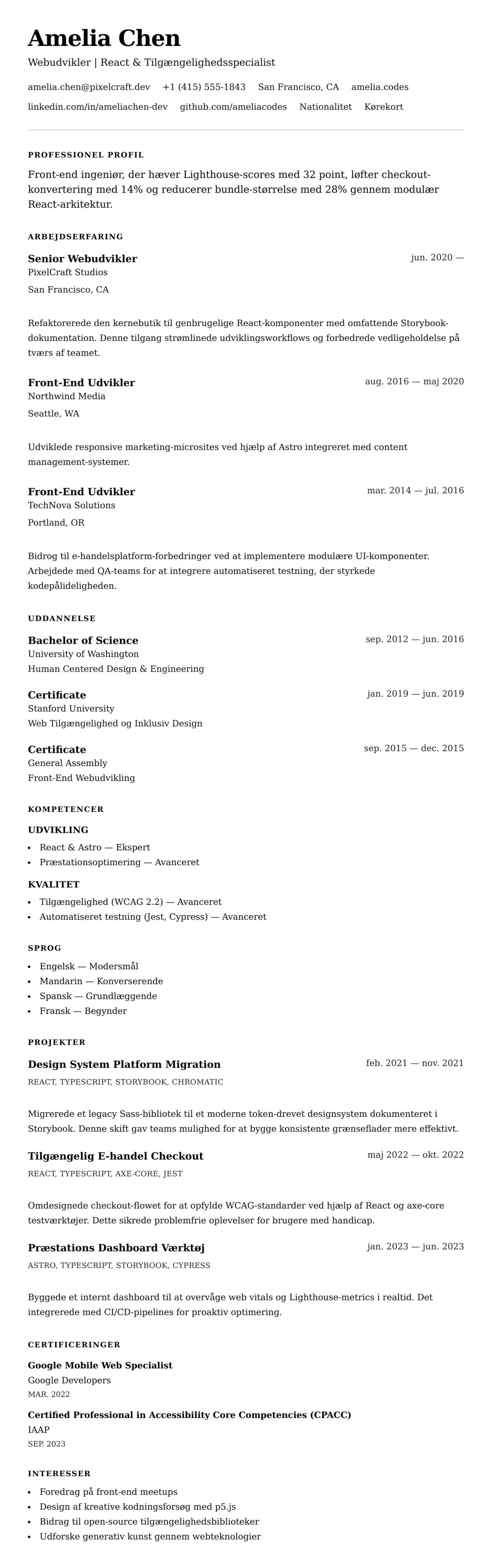 CV-forhåndsvisning for Webudvikler CV Eksempel