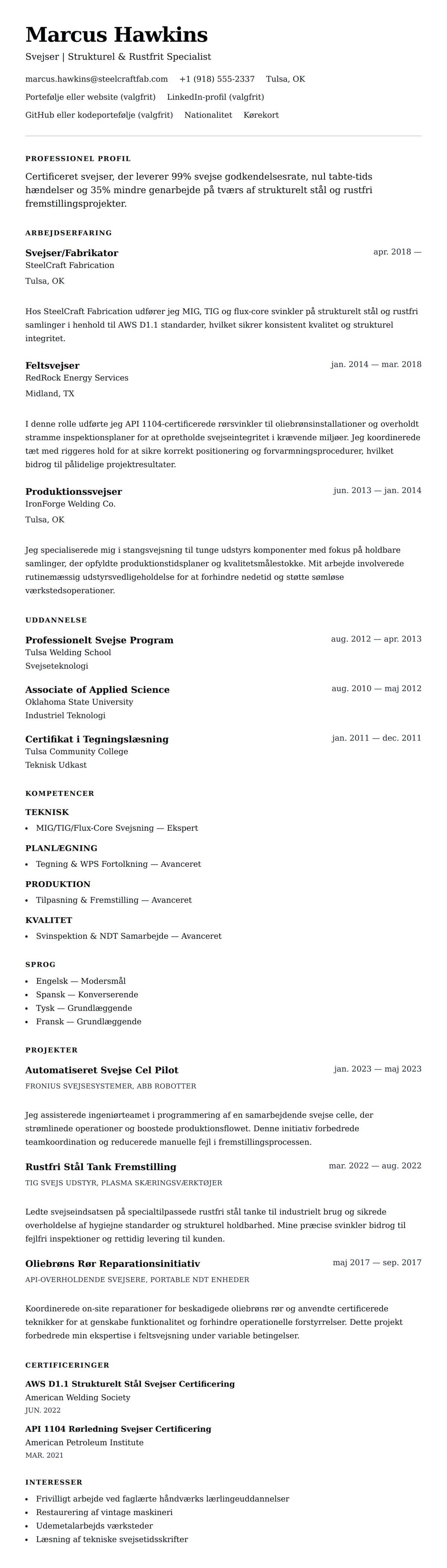 CV-forhåndsvisning for Svejser CV-eksempel