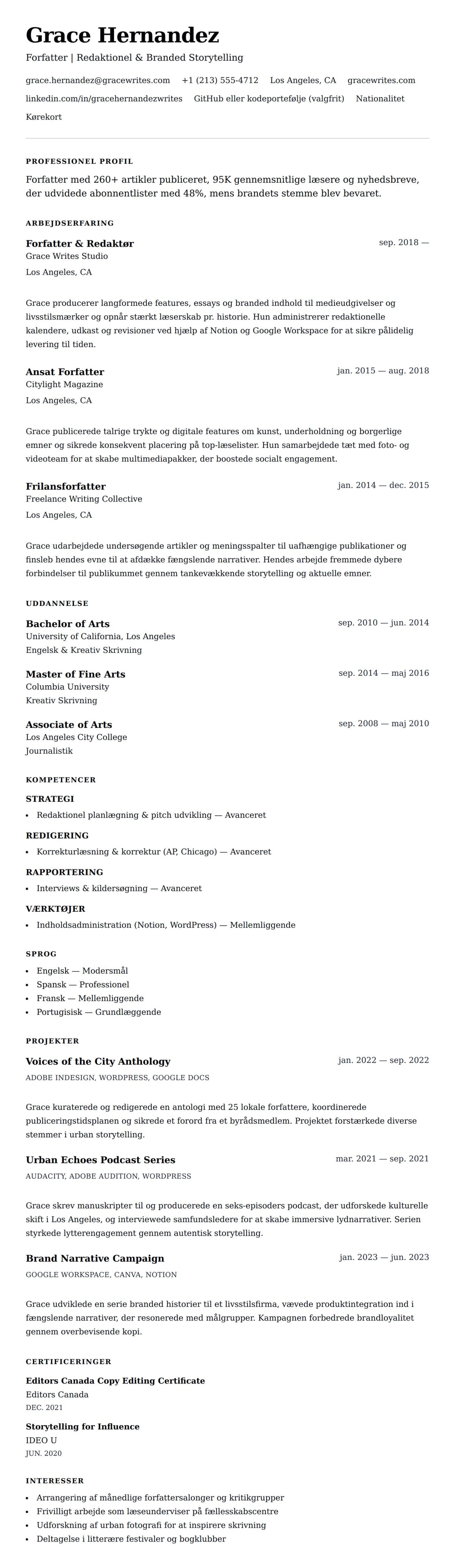 CV-forhåndsvisning for Forfatter CV Eksempel