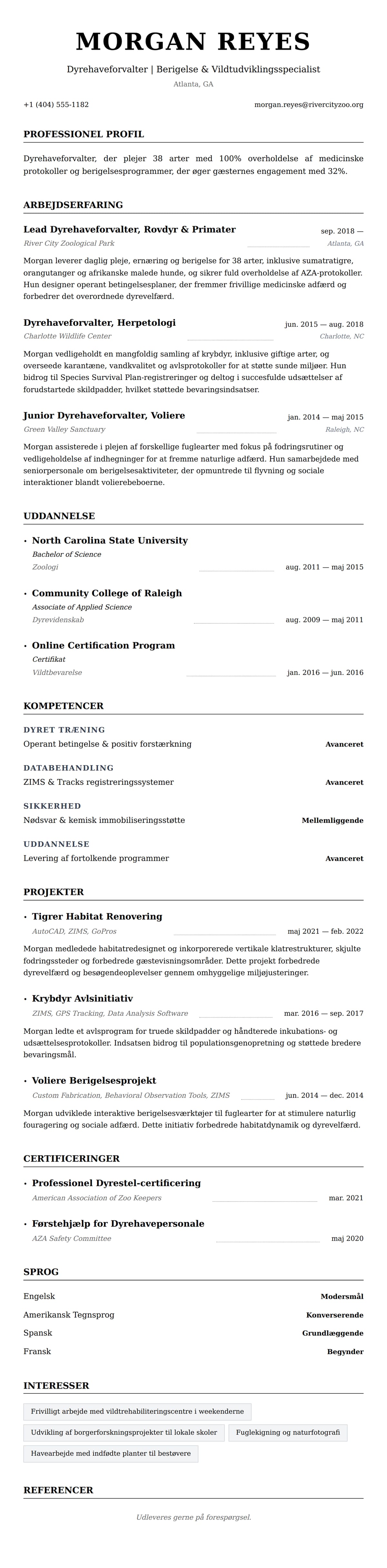 CV-forhåndsvisning for Dyrehaveforvalter CV-eksempel