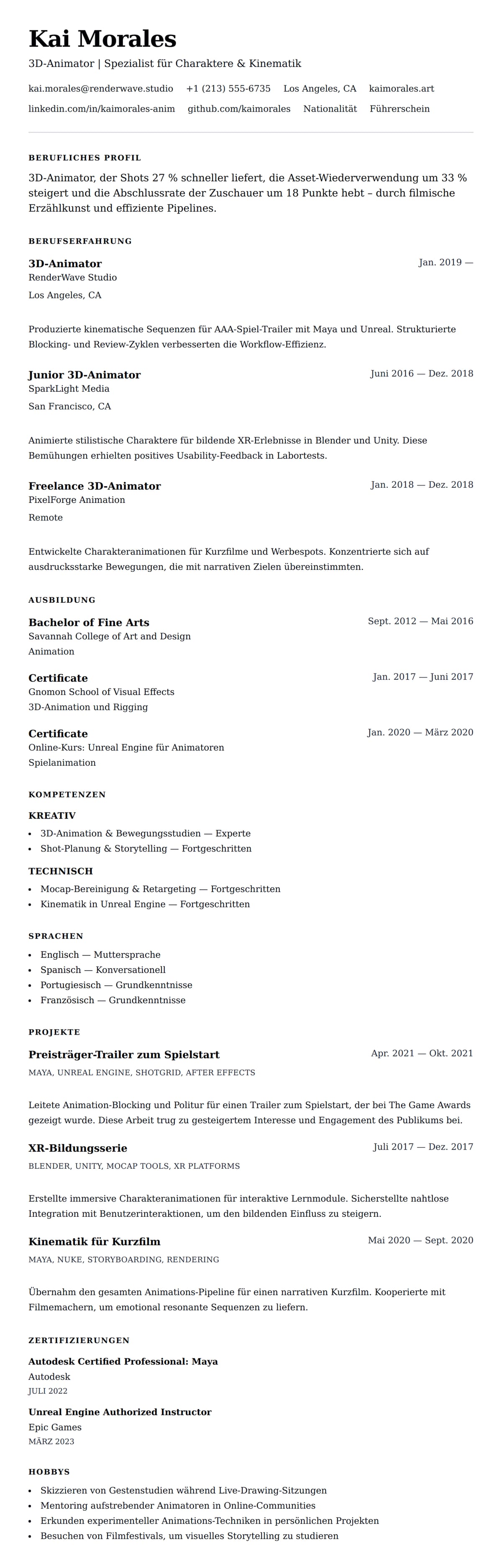 Lebenslaufvorschau für Beispiel für einen Lebenslauf als 3D-Animator