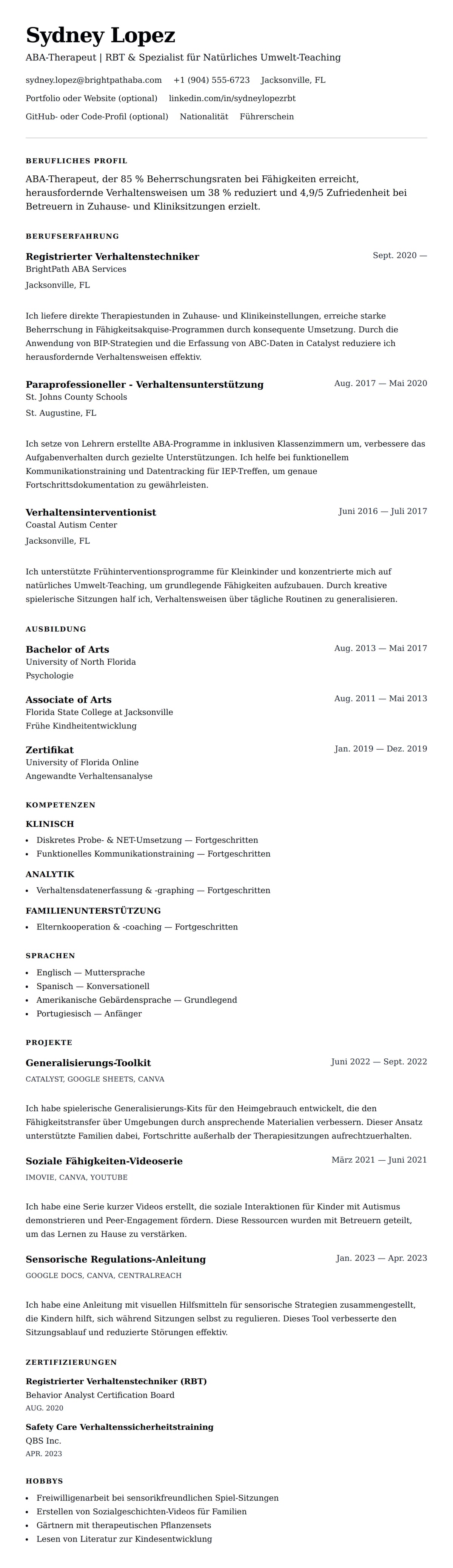 Lebenslaufvorschau für Lebenslaufbeispiel für ABA-Therapeuten