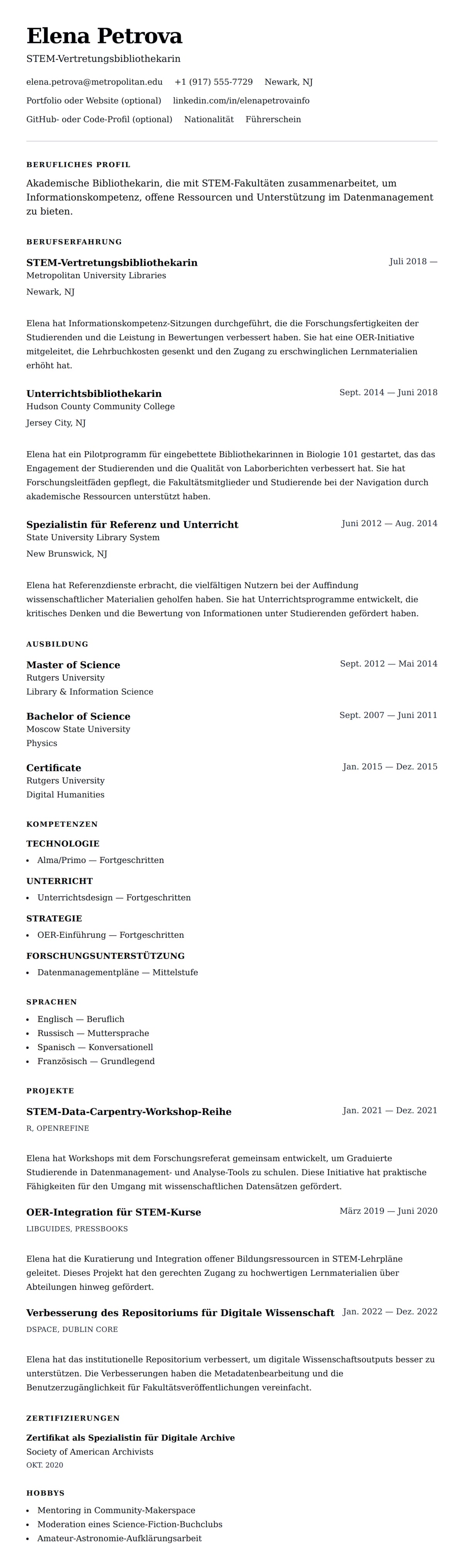 Lebenslaufvorschau für Beispiel-Lebenslauf für Akademischen Bibliothekar