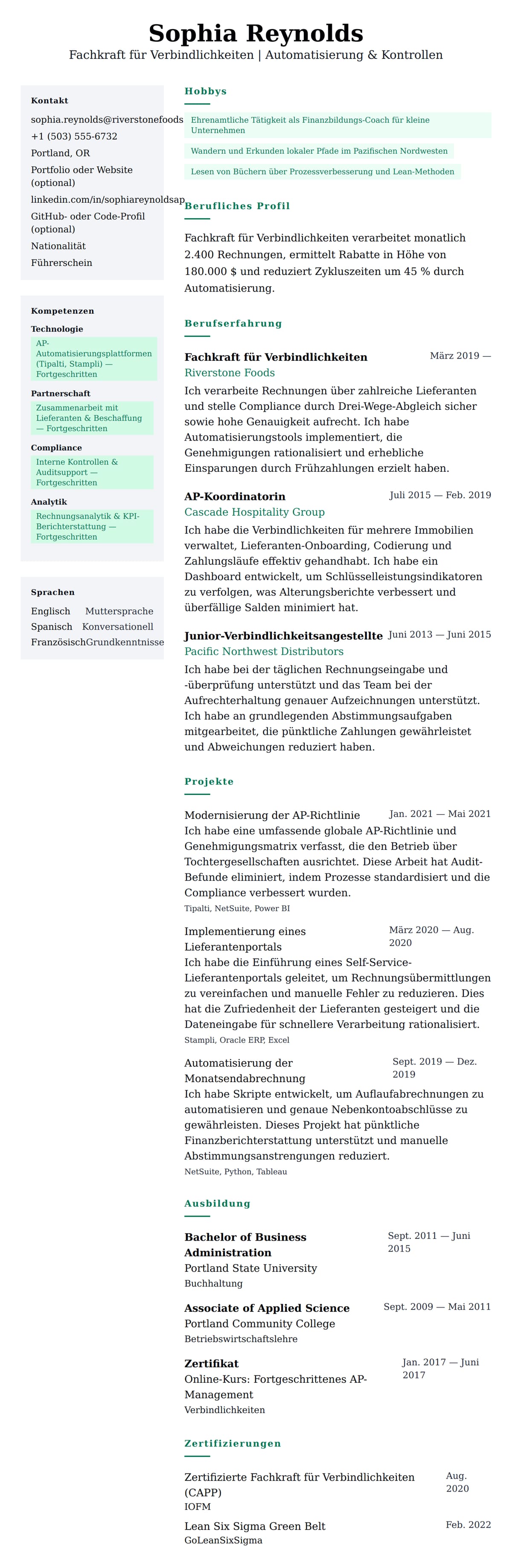 Lebenslaufvorschau für Beispiel-Lebenslauf für Fachkraft für Verbindlichkeiten