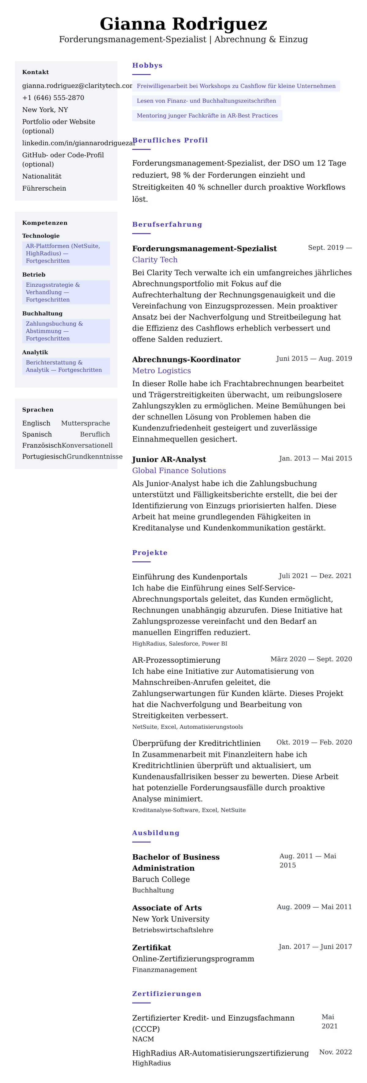 Lebenslaufvorschau für Lebenslaufbeispiel für Forderungsmanagement-Spezialist