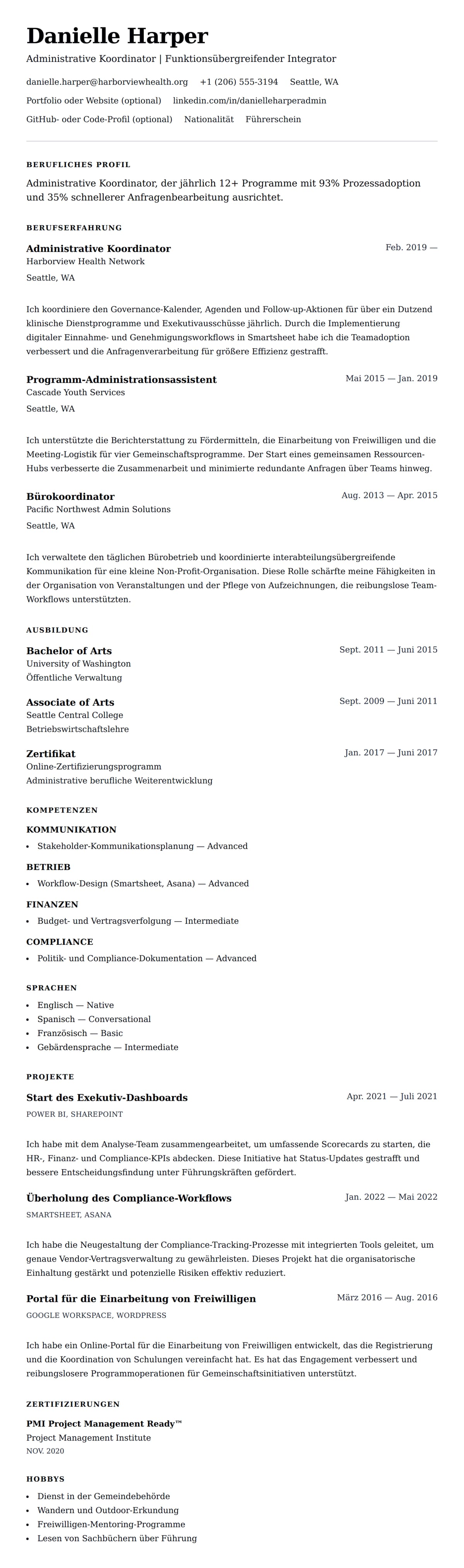 Lebenslaufvorschau für Administrative Koordinator Lebenslaufbeispiel