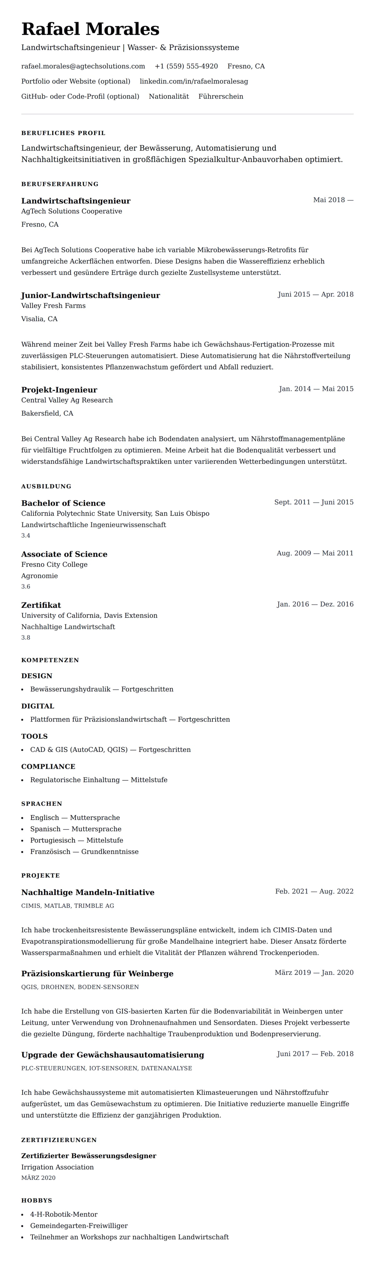 Lebenslaufvorschau für Beispiel für einen Lebenslauf als Landwirtschaftsingenieur