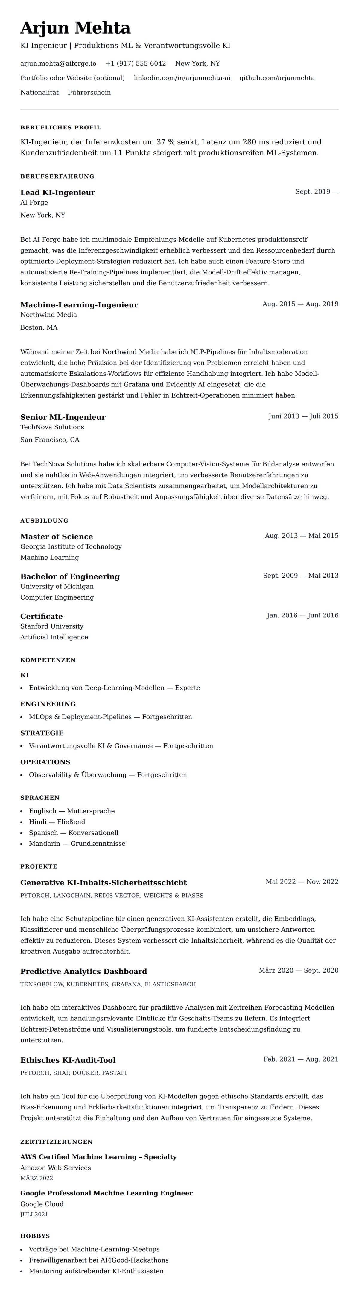 Lebenslaufvorschau für KI-Ingenieur Lebenslauf-Beispiel