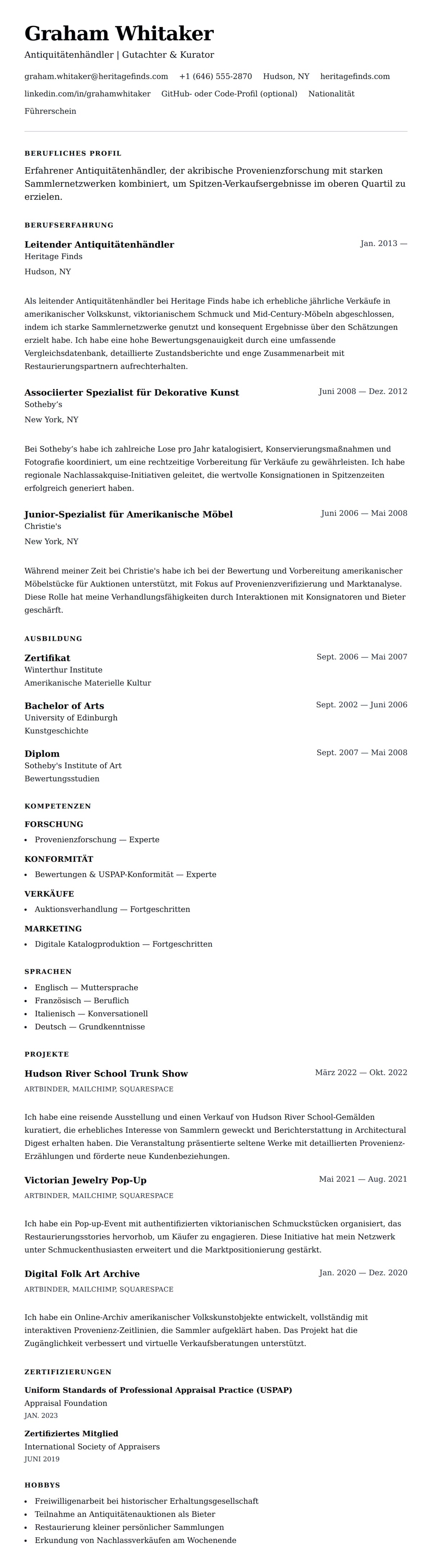 Lebenslaufvorschau für Lebenslaufbeispiel für Antiquitätenhändler