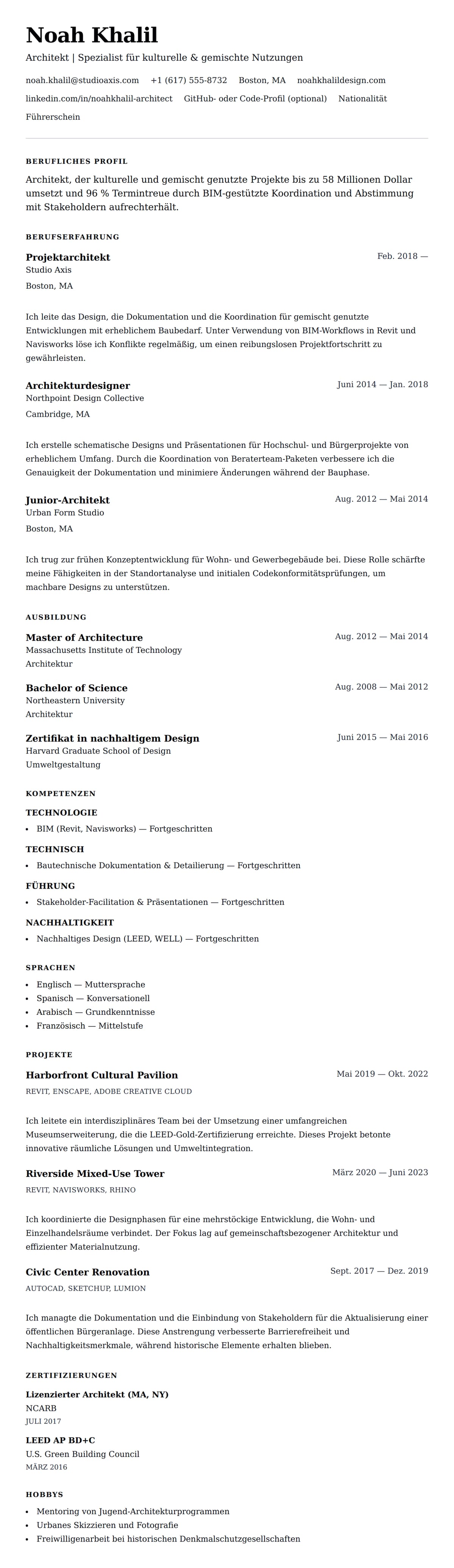 Lebenslaufvorschau für Architekt-Lebenslauf-Beispiel