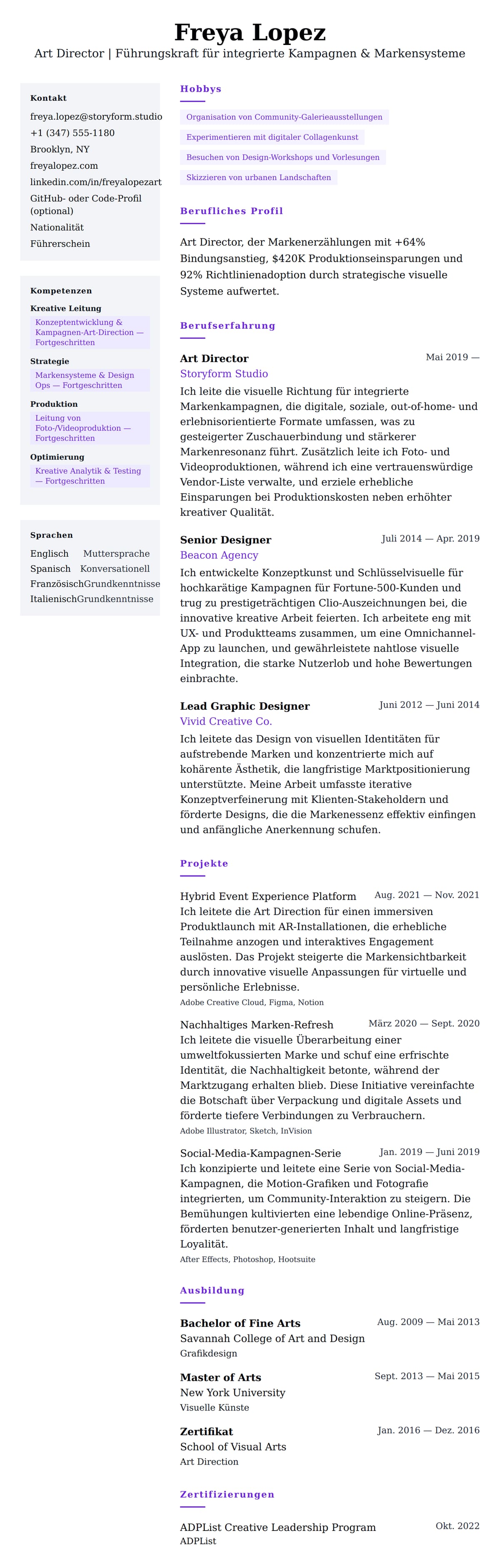 Lebenslaufvorschau für Lebenslaufbeispiel für Art Director