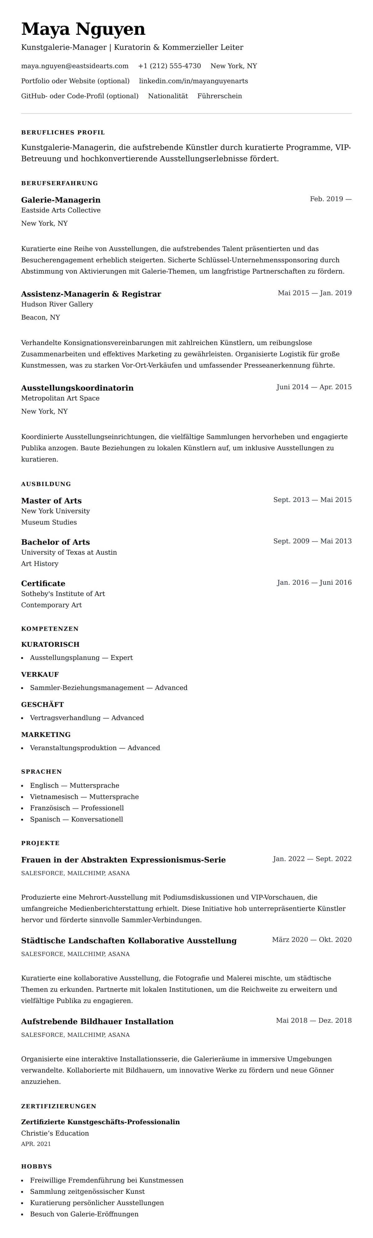 Lebenslaufvorschau für Kunstgalerie-Manager Lebenslauf-Beispiel