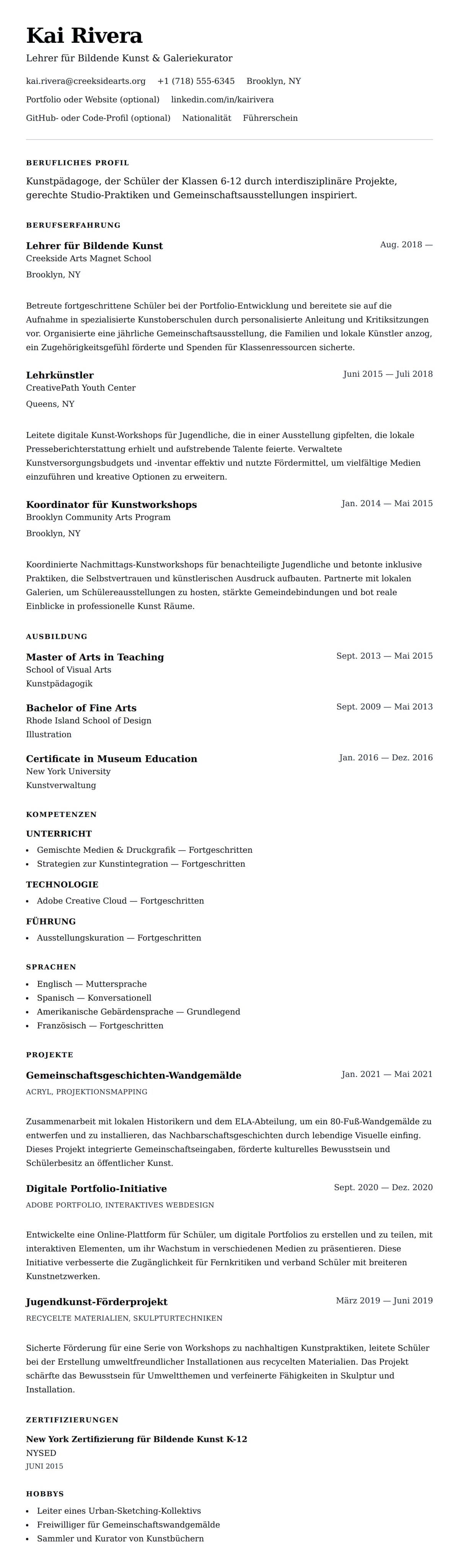 Lebenslaufvorschau für Lebenslaufbeispiel für Kunstlehrer