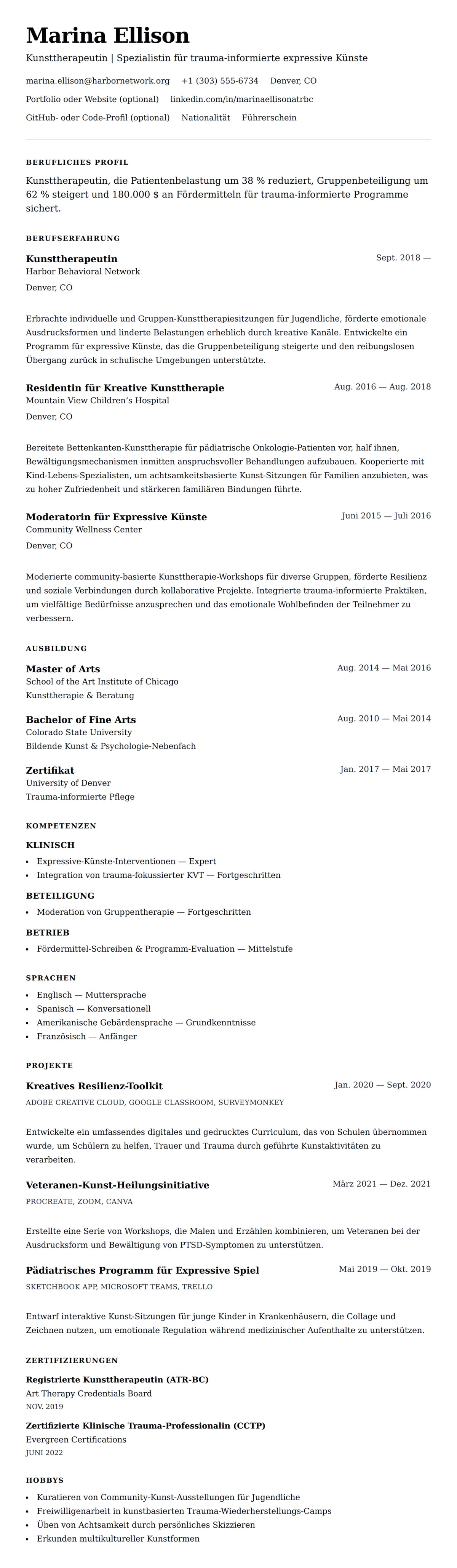 Lebenslaufvorschau für Lebenslauf-Beispiel für Kunsttherapeuten