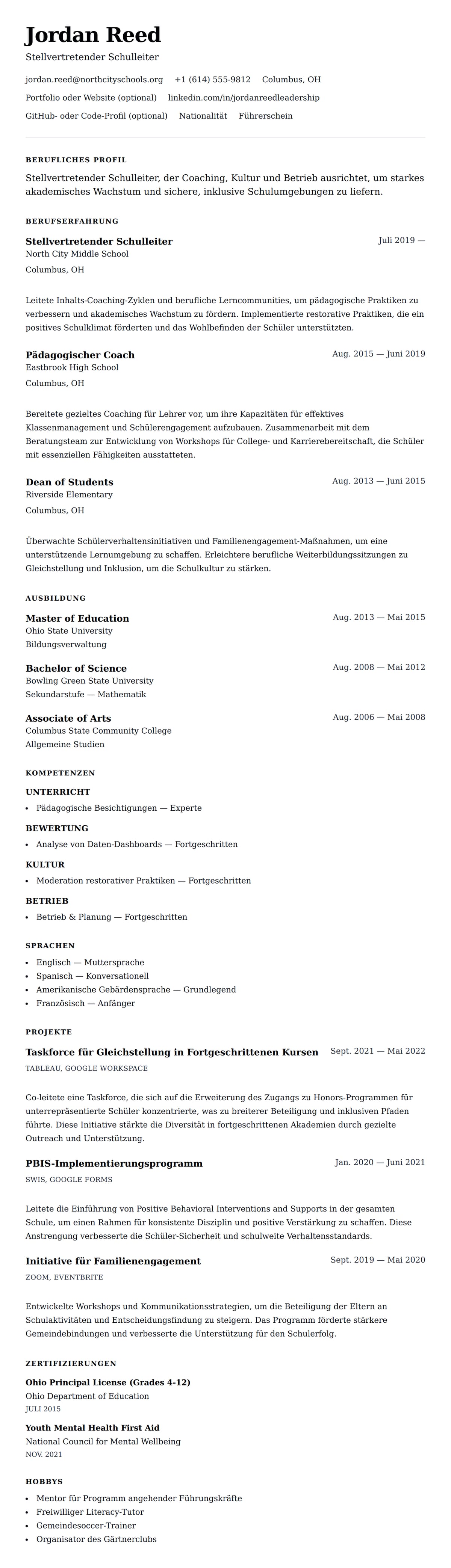 Lebenslaufvorschau für Beispiel-Lebenslauf für Stellvertretenden Schulleiter