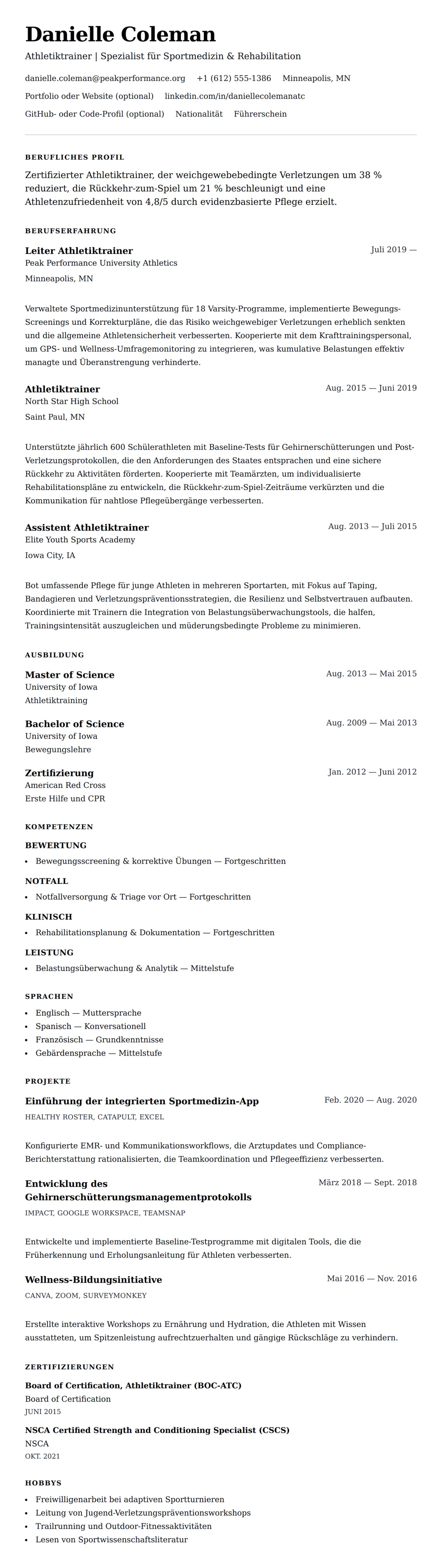 Lebenslaufvorschau für Athletiktrainer Lebenslauf-Beispiel