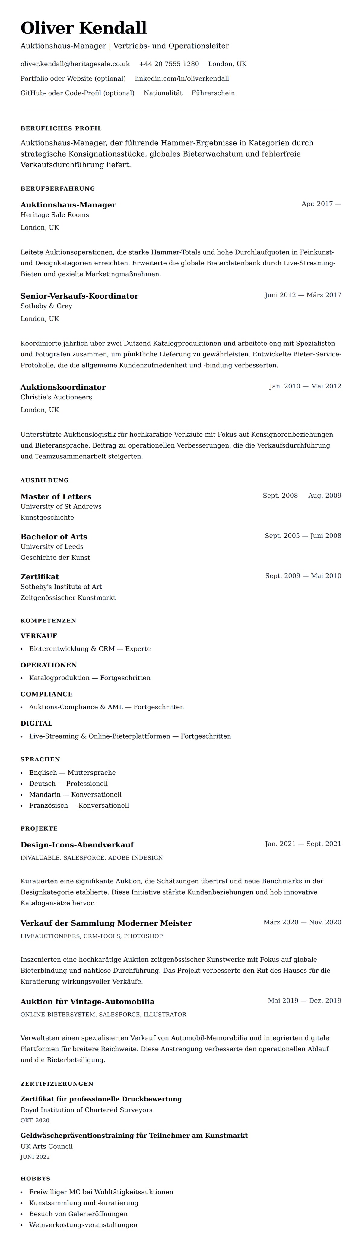 Lebenslaufvorschau für Beispiel-Lebenslauf für Auktionshaus-Manager