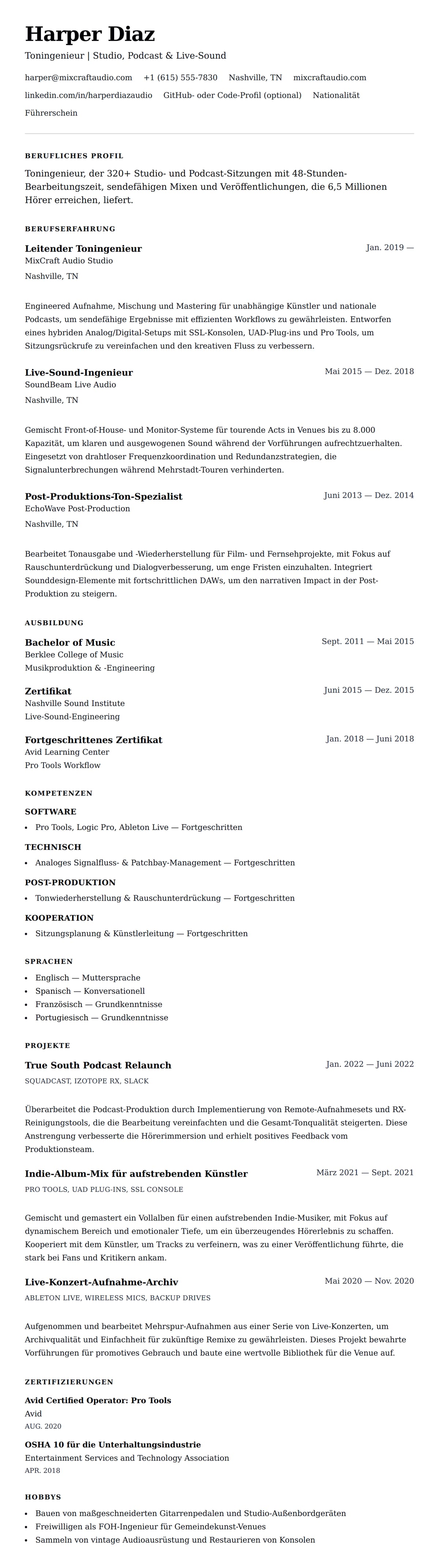 Lebenslaufvorschau für Toningenieur Lebenslauf Beispiel