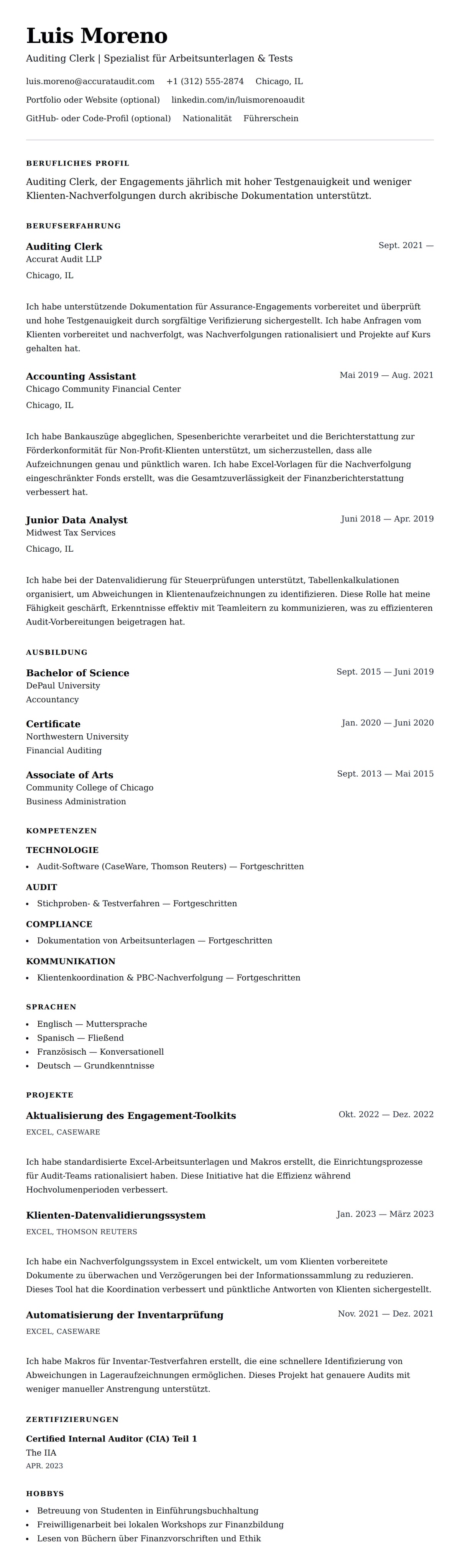 Lebenslaufvorschau für Auditing Clerk Lebenslauf-Beispiel