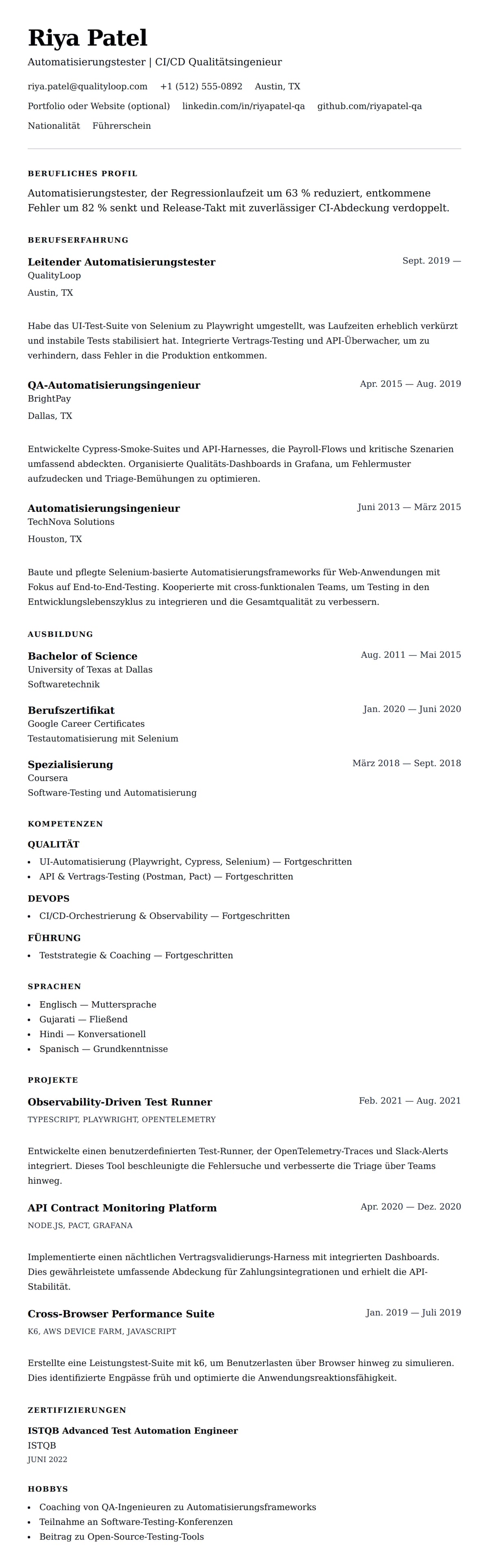 Lebenslaufvorschau für Automatisierungstester Lebenslauf-Beispiel