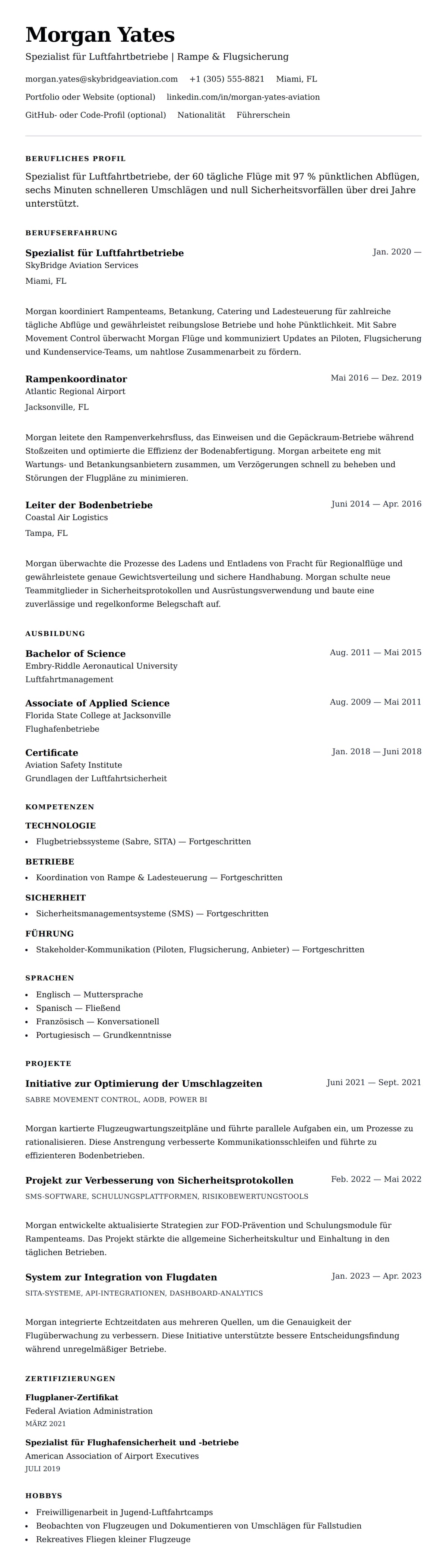 Lebenslaufvorschau für Beispiel-Lebenslauf für Spezialist für Luftfahrtbetriebe