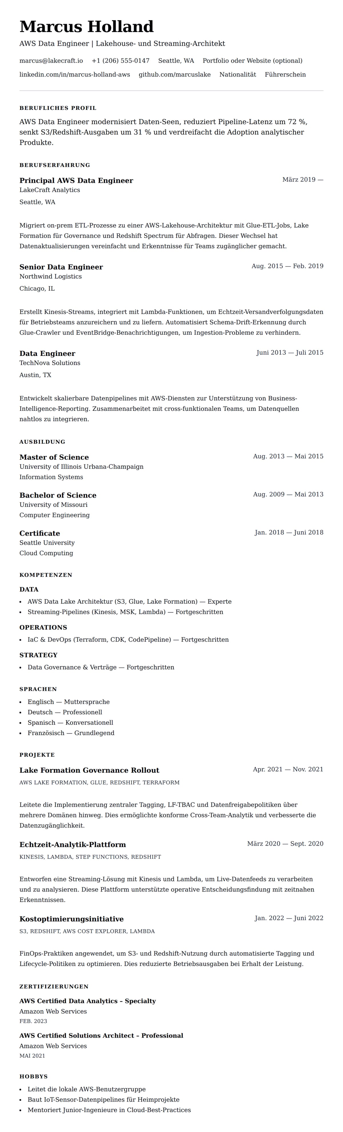 Lebenslaufvorschau für AWS Data Engineer Lebenslauf-Beispiel