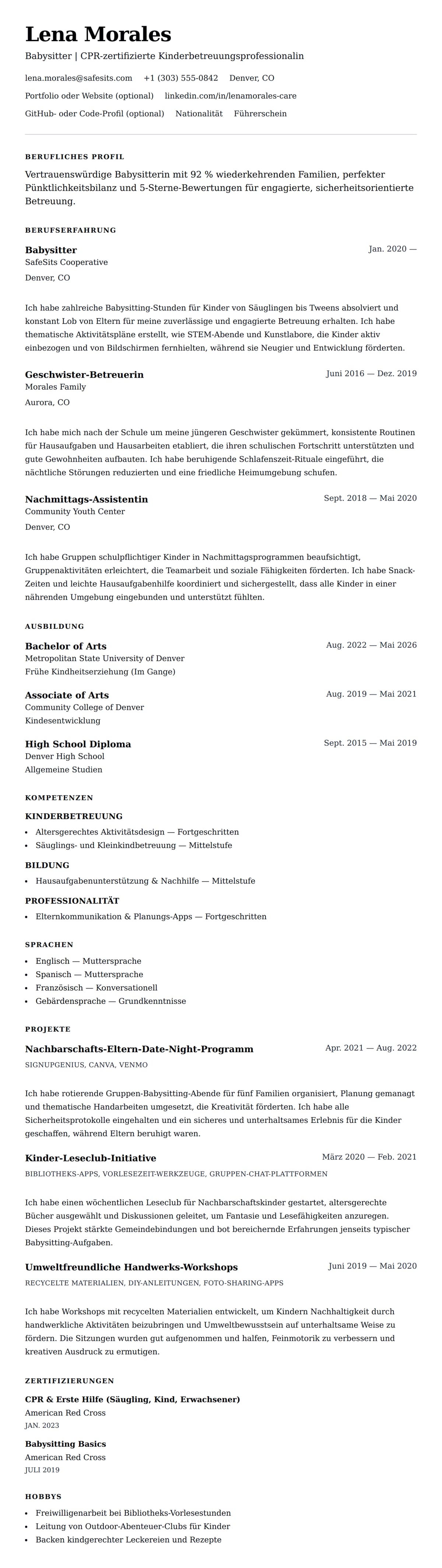Lebenslaufvorschau für Babysitter-Lebenslaufbeispiel