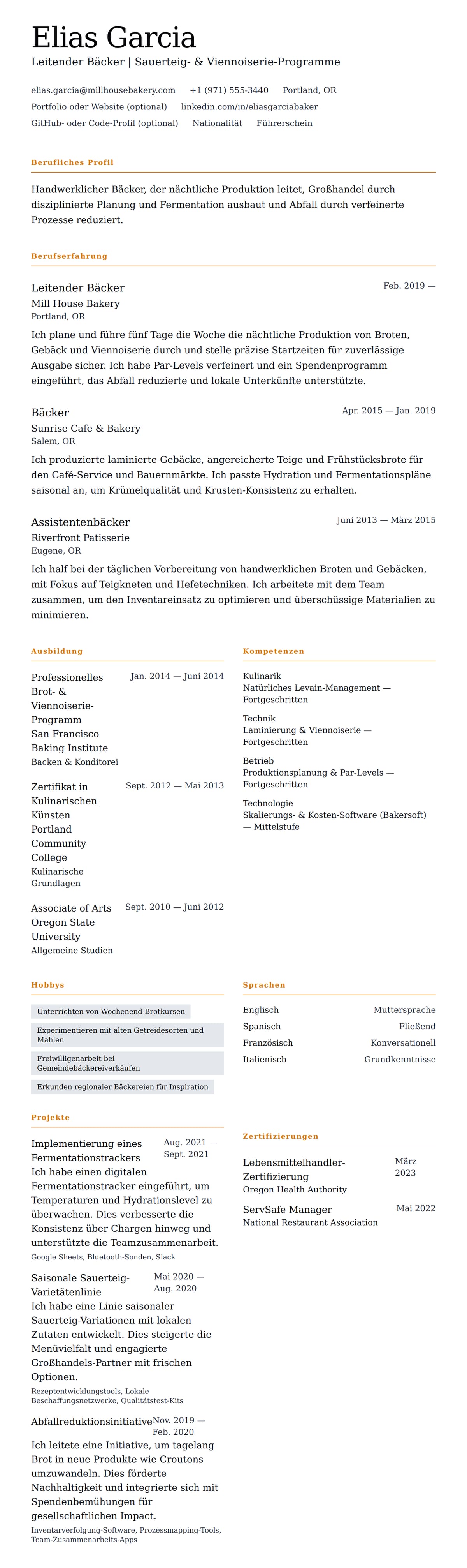 Lebenslaufvorschau für Bäcker-Lebenslauf-Beispiel